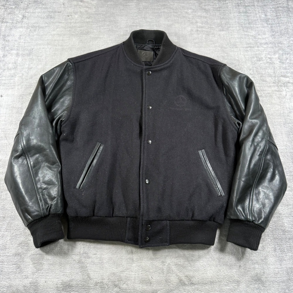 Mercedes Benz Jacket Mens XL Black Leather Wool Varsity Bomber Ironhead Cars